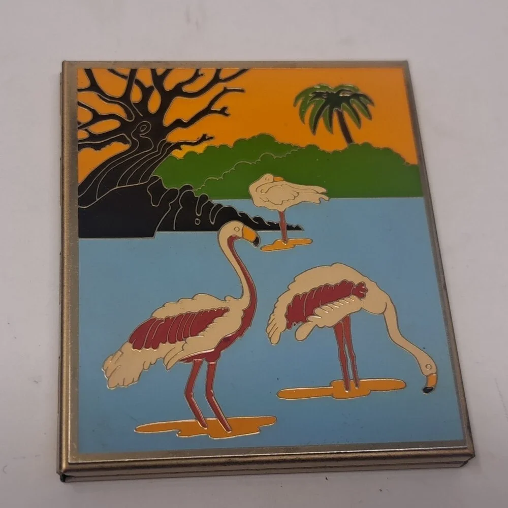 Vintage 80s 90s Enamel Makeup Pocket Vanity Mirror Birds Flamingo Tropical Art